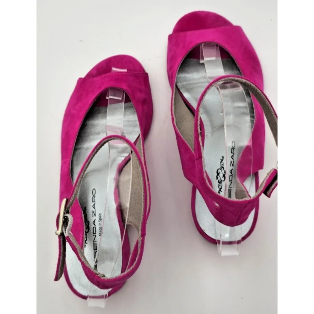 Brenda Zaro Women's Pink 37 Open Toe Block Heel Sandals Ankle Strap Suede Silver